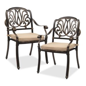 vingli outdoor dining chairs set of 2 aluminum patio chairs, cast aluminum patio furniture aluminum outdoor chairs for backyard, poolside, balcony bronze (with cushion)