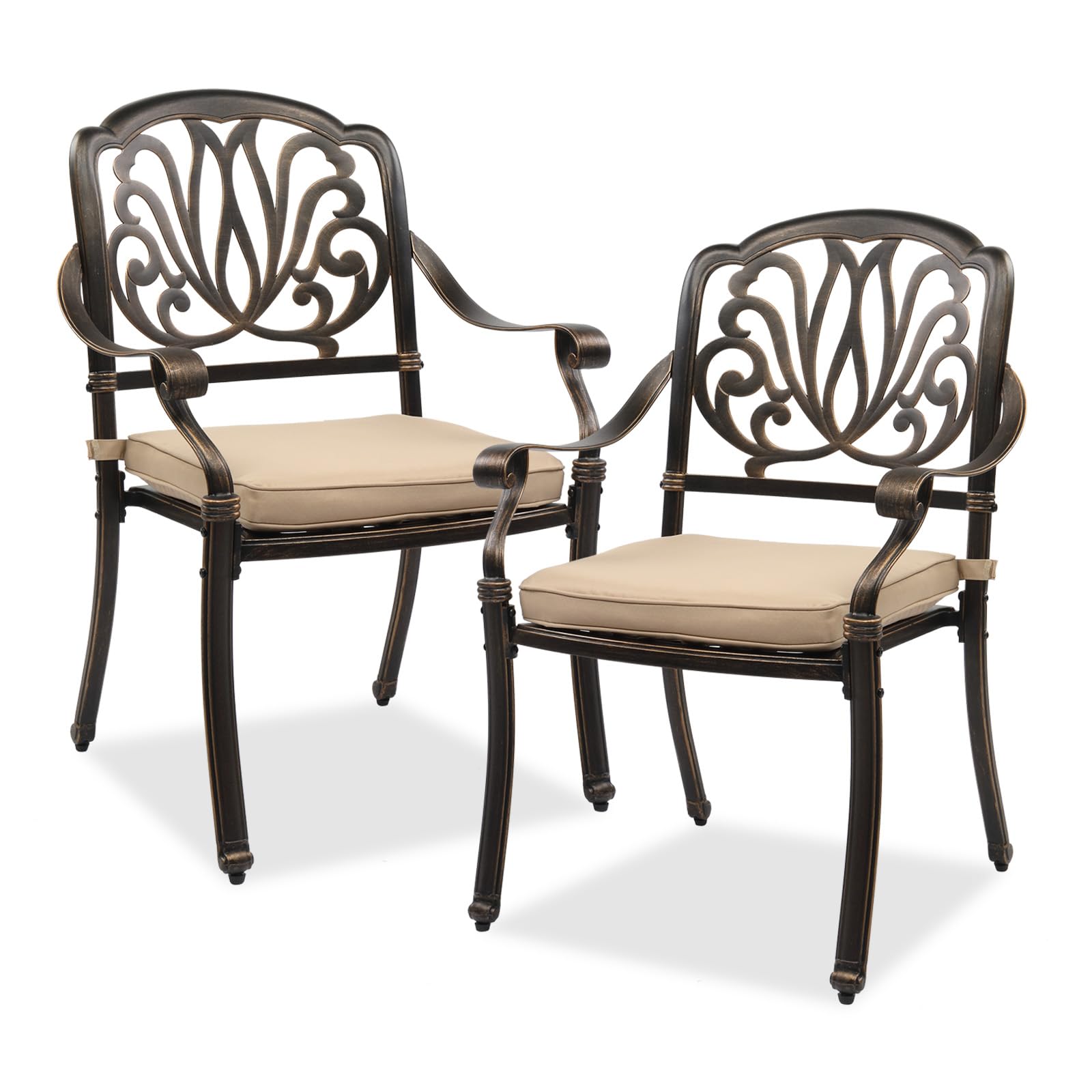 VINGLI Outdoor Dining Chairs Set of 2 Aluminum Patio Chairs, Cast Aluminum Patio Furniture Aluminum Outdoor Chairs for Backyard, Poolside, Balcony Bronze (with Cushion)