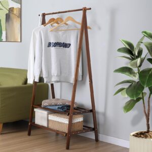 Jotsport Bamboo Clothing Rack Foldable Clothes Hanging Stand with 2 Tier Storage Shelf for Laundry, Guest Room, Apartment, Entryway