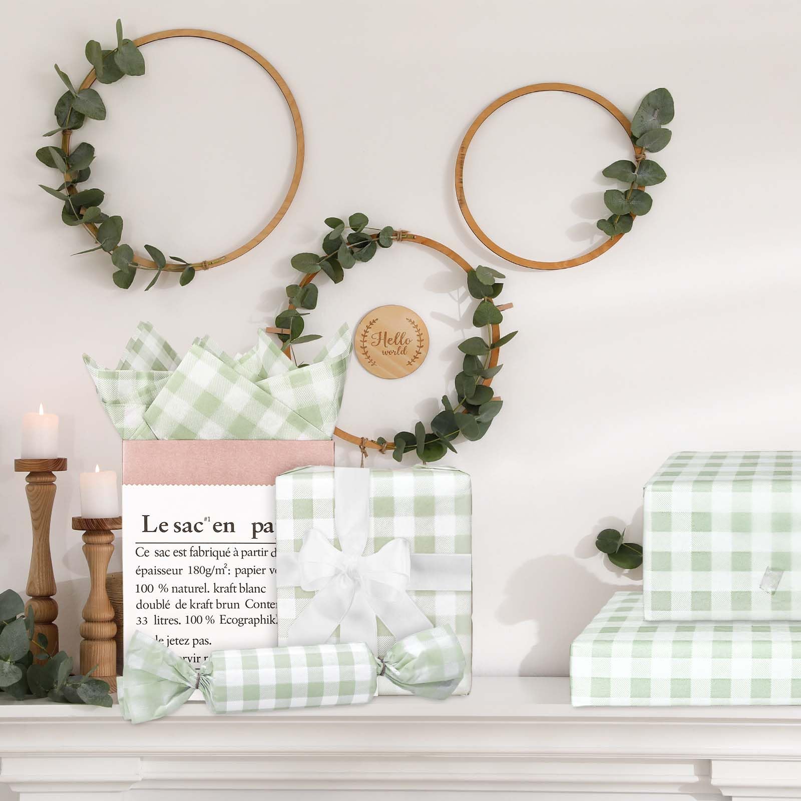 Whaline 100 Sheets Sage Green Buffalo Plaid Tissue Paper Mint Green Checkered Gift Wrapping Tissue DIY Art Craft Tissue Paper for Wedding Birthday Baby Shower Bouquet, 13.7 x 19.6 Inch