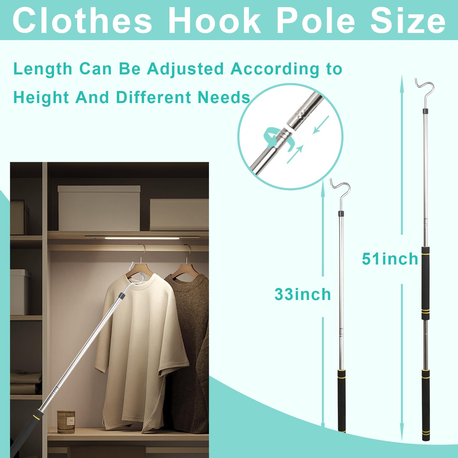 Frebuta Clothes Hook Pole Long Handle, 51In Garment Hook Reach Pole Stainless Steel Attic Pull Down Hook Pole S Hook For Plants Hang Light Rod Soft Sponge Handle StudinessDurability