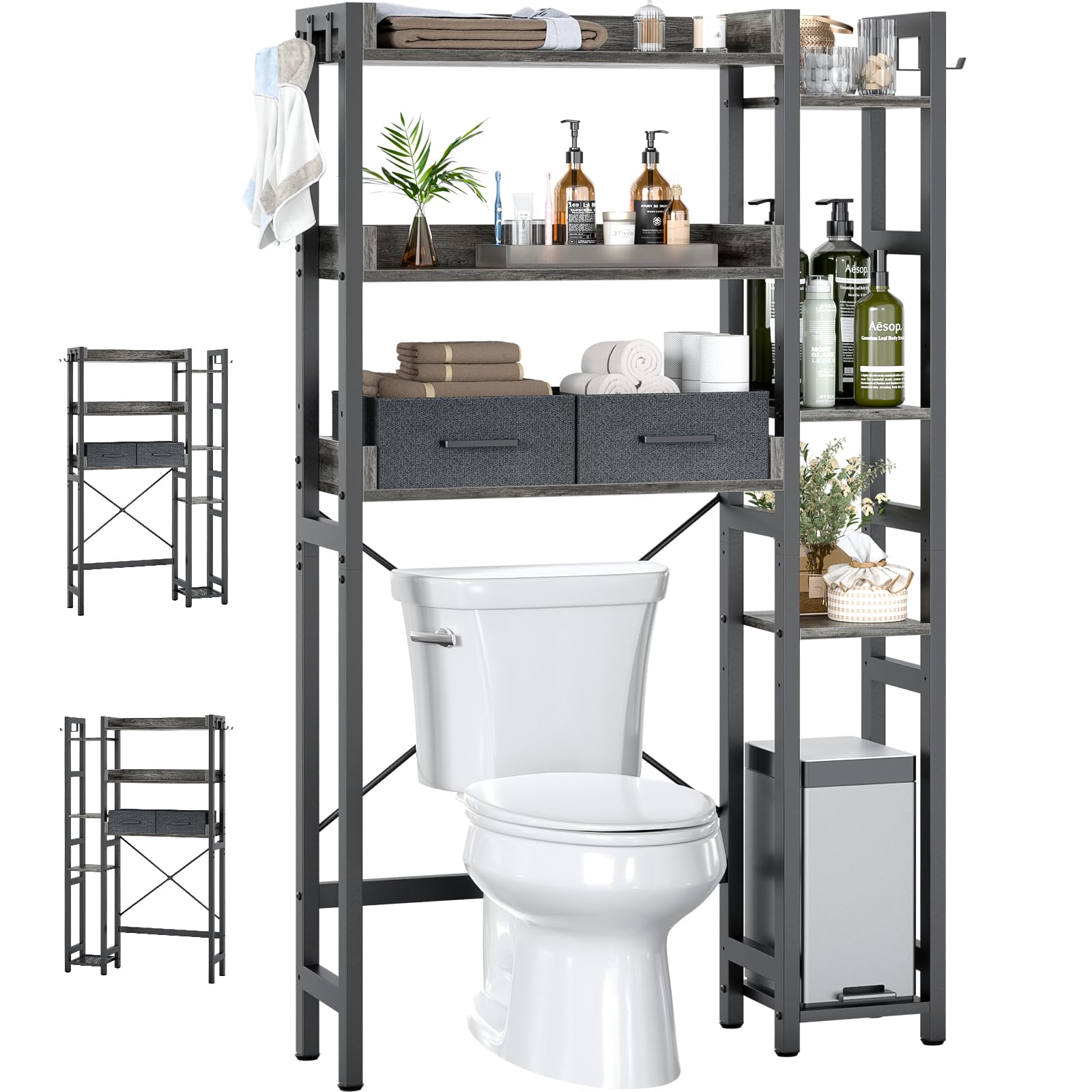 Over The Toilet Storage with 2 Drawers - 7 Tier Bathroom Organizer with Adjustable Shelf, Freestanding Space Saver Storage Rack Above Toilet Stand with 4 Hooks for, Restroom, Laundry, Grey Oak