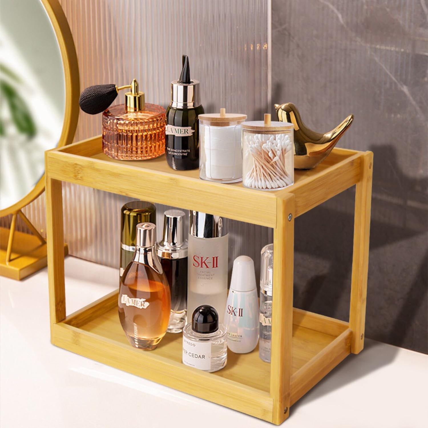 Bamboo 2-Tier Countertop Organizer, Multi-Function Wooden Storage Tray for Bathroom, Kitchen, Bedroom, Dresser; Wood Under-Sink Container, Home Storage Holder Lotion Makeup Cosmetics Perfume Vanity