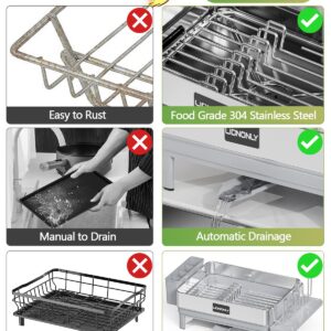 LIONONLY Dish Drying Rack, 304 Stainless Steel Dish Drainers for Kitchen Counter, Durable Dish Strainer with 360° Rotatable Spout, Glass Holder, Utensil Holder, Saving-Space Kitchen Organizer, Grey