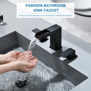 Bathroom Faucet Matte Black, OMEKNTOP 8 Inch Waterfall Bathroom Sink Faucet 3 Hole, Black Bathroom Faucet with Pop Up Drain and Hose, Two Handles Bathroom Faucet for Basin Lavatory Vanity