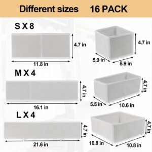 Fordonral 16 Pcs Drawer Organizer,Fabric Closet Organizer and Storage Baskets,Foldable Drawer Divider for Clothing,Sock,Ties,Underwear Drawer Organizers,Cabinet Storage Boxes (White)