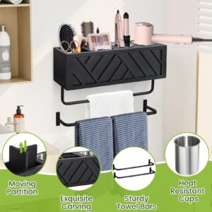 Hair Tool Organizer Wall Mount, Hair Dryer Holder with 2 Towel Bars, Wood Hot Tools Organizer, Rustic Bathroom Organizer Blow Dryer Holder For Bathroom Decor, Flat Iron, Curling Wand, Brushes(Black)