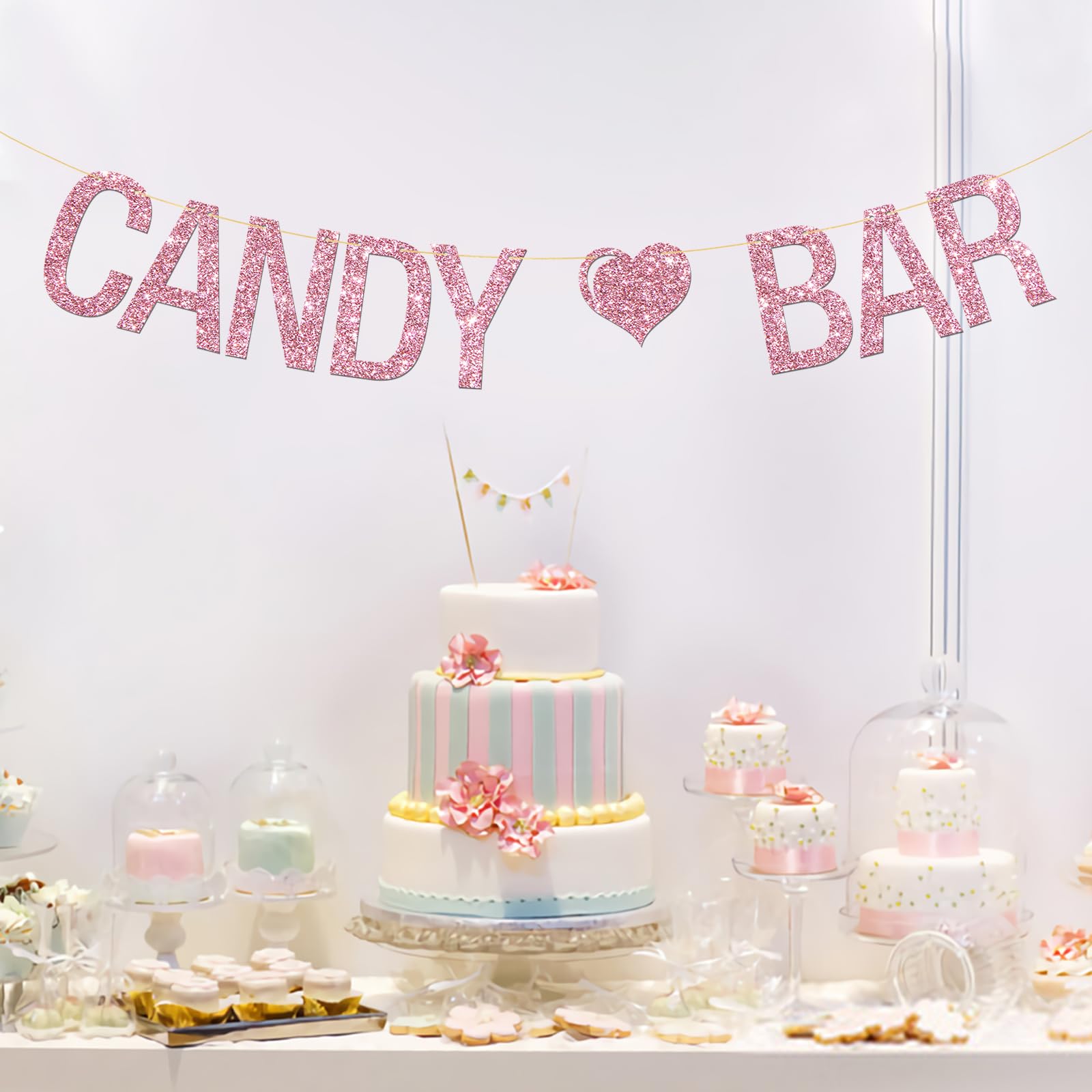 Candy Bar Banner, Engagement Wedding/Girls Birthday/Bride to Be/Bachelorette Party Bunting Hanging Bunting Decorations Supplies - Pink Glitter