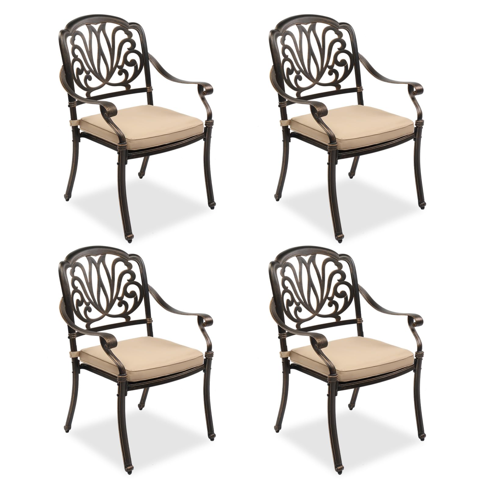 VINGLI Outdoor Dining Chairs Set of 4 Aluminum Patio Chairs, Cast Aluminum Patio Furniture Aluminum Outdoor Chairs for Backyard, Poolside, Balcony Bronze (with Cushion)