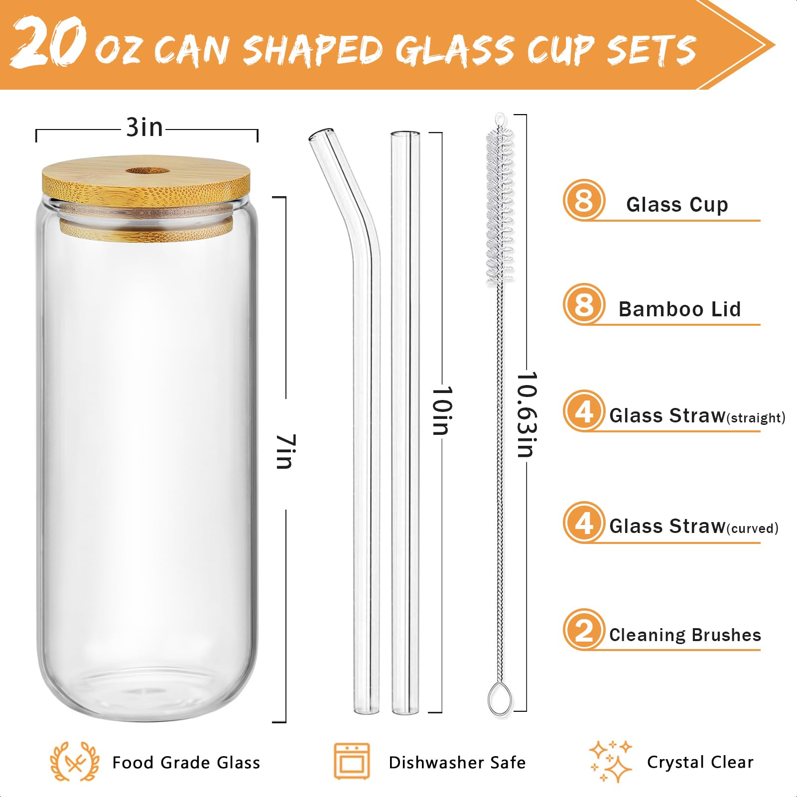 SENTVEND 20 Oz Drinking Glasses with Bamboo Lids and Glass Straw - 8 Pcs Can Shaped Glass Cups Beer & Ice Coffee Glasses Cute Tumbler Cup Great for Soda Boba Tea Cocktail Include 2 Cleaning Brushes