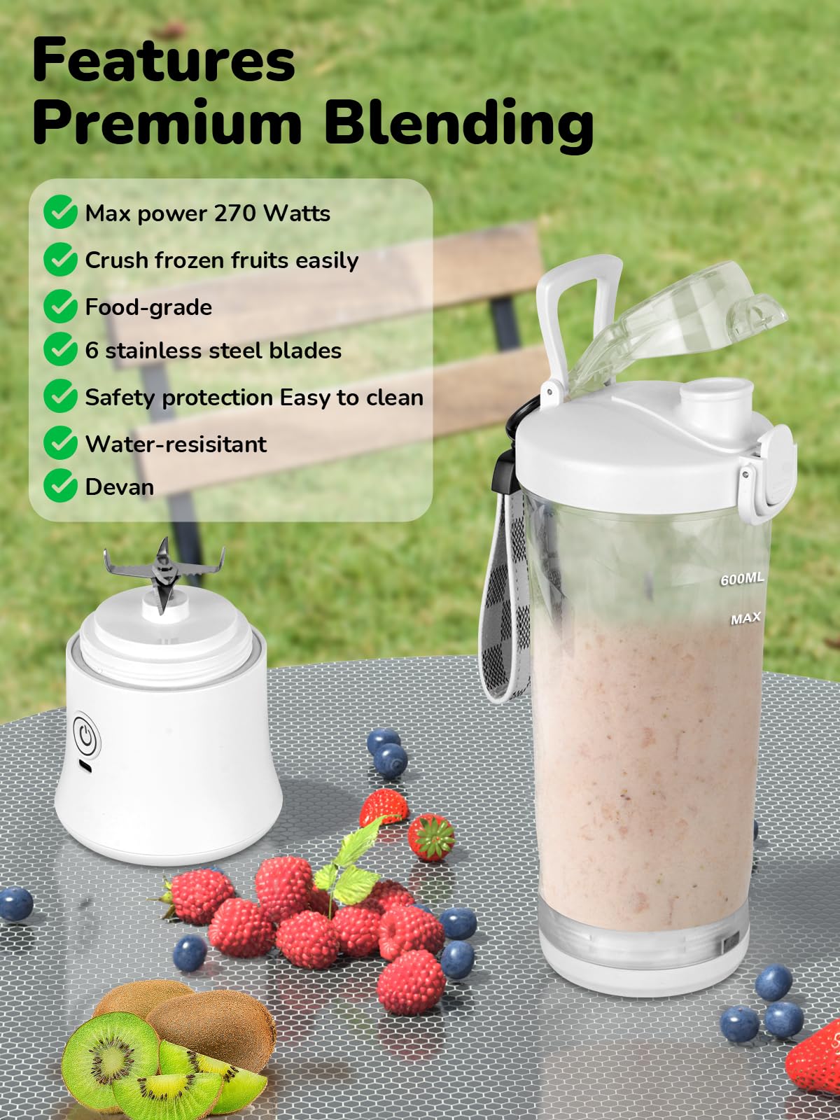 Portable Blender 20oz Large Capacity, 6 Blades Mini Blender for Shakes and Smoothies, BPA Free Personal Blender with Rechargeable USB, Fresh Juice Blender for On the Go, White