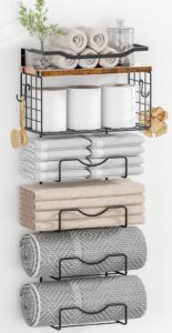 towel racks for bathroom,towel rack wall mounted, 6 tier rolled or folded towel holder with floating shelves, bathroom towel holder for bath, hand towels,metal and wood