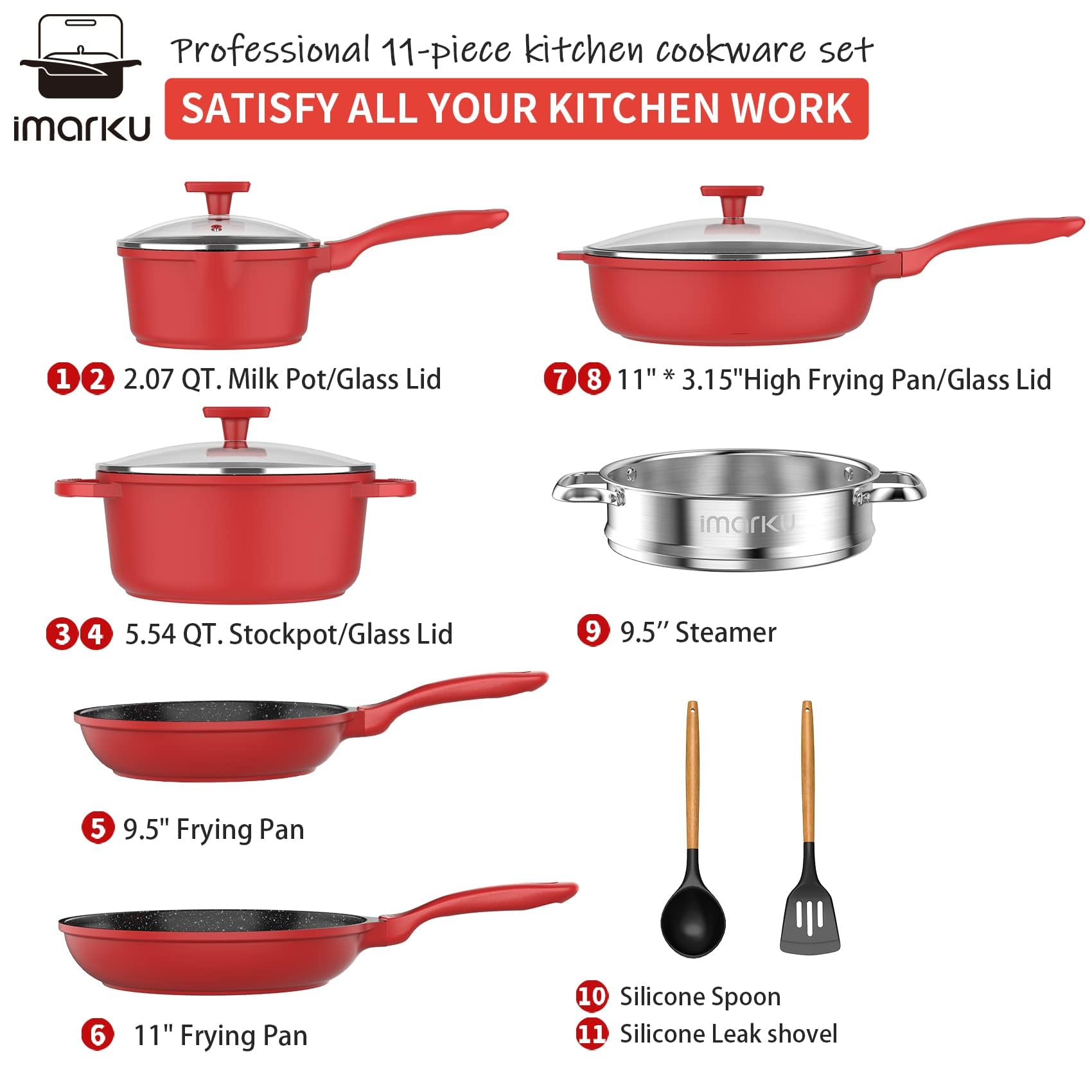 imarku Pots and Pans Set,11PC Kitchen Cookware Set Nonstick, Cooking Pot Pan Set with Stay-Cool Handle,PFOA Free Pans Set with Granite Coating,Red