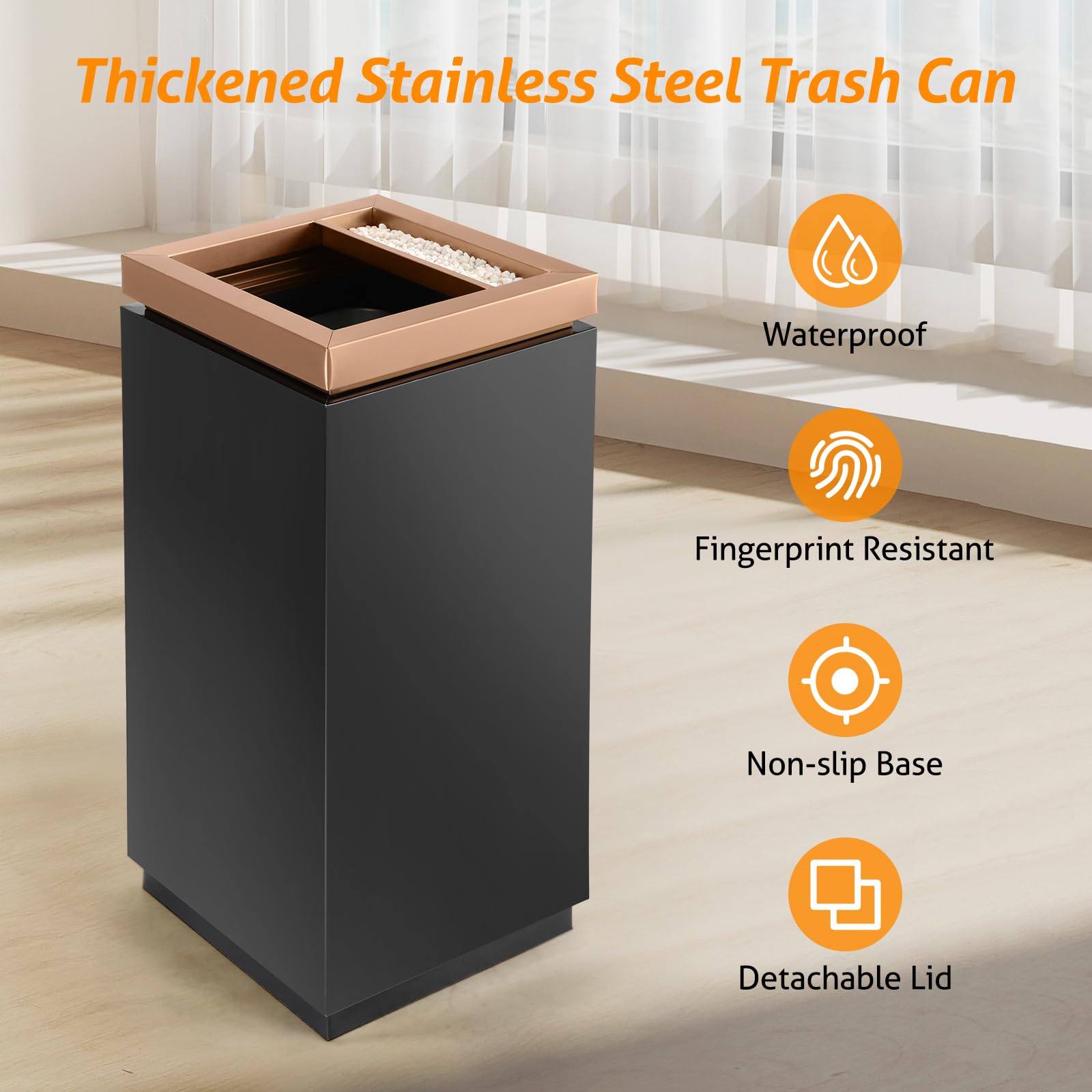 WICHEMI Trash Can Indoor Outdoor Commercial Trash Can with Lid Open Top Stainless Steel Industrial Large Garbage Can with Removable Inner Bucket Metal Trash Bin Square - 11.8x11.8x28.5in