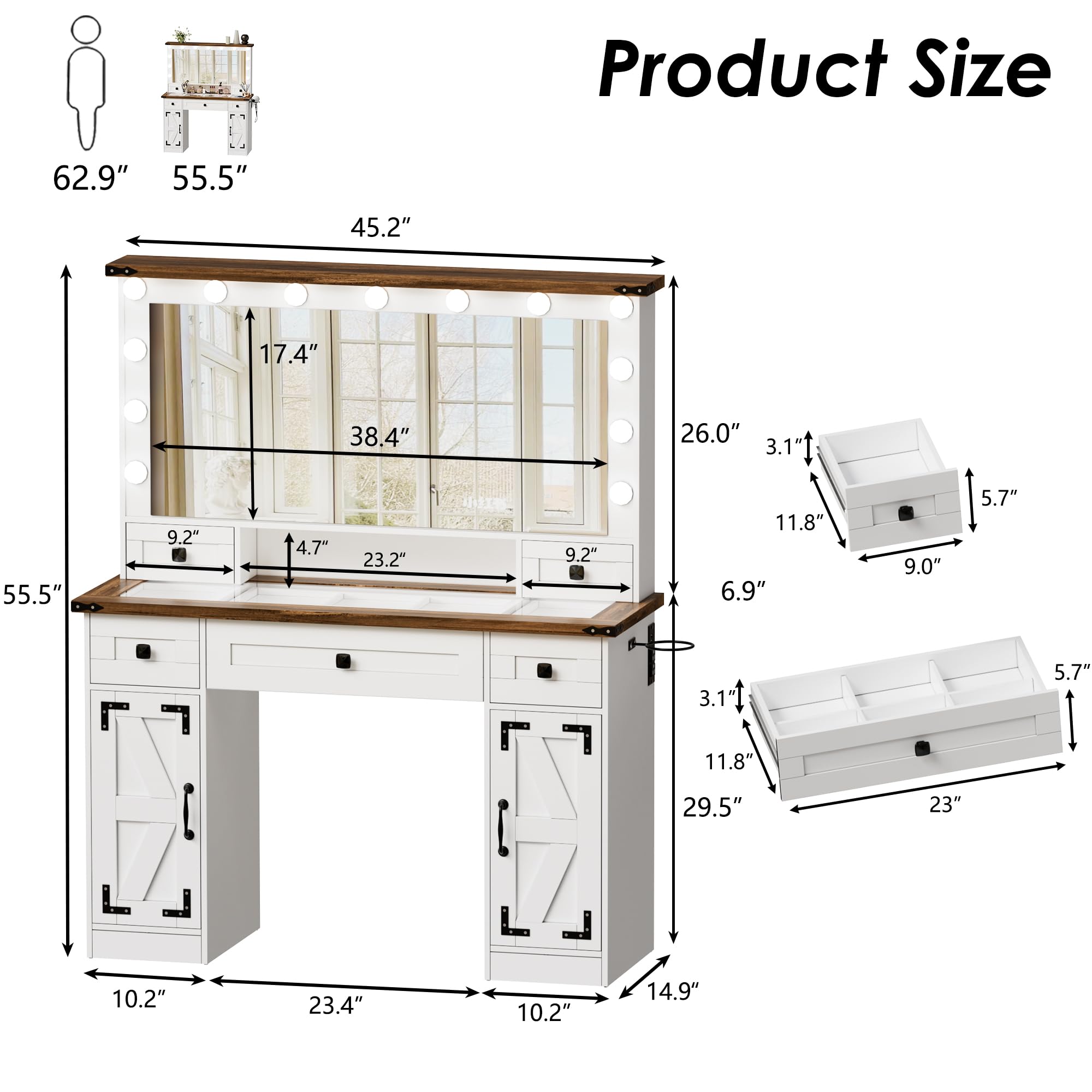 PAKASEPT Makeup Vanity Desk with Mirror and Lights, Glass Tabletop Farmhouse Vanity Table with Drawers, Charging Station, Cabinet for Bedroom，White