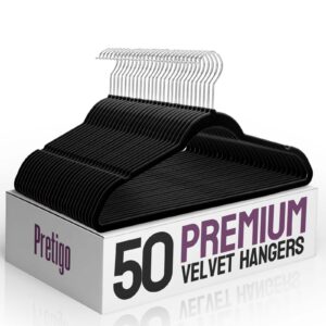 pretigo premium velvet hangers 50 pack, non-slip clothes hangers black, space-saving velvet clothes hangers for coats, pants & dress, sturdy heavy duty felt hangers 360° swivel hook, elegant wardrobe