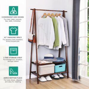 Jotsport Bamboo Clothing Rack Foldable Clothes Hanging Stand with 2 Tier Storage Shelf for Laundry, Guest Room, Apartment, Entryway