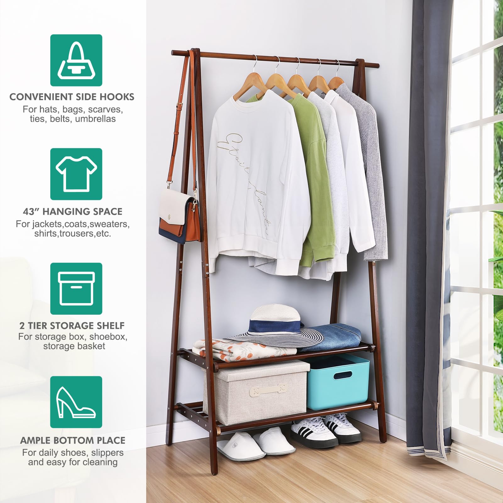 Jotsport Bamboo Clothing Rack Foldable Clothes Hanging Stand with 2 Tier Storage Shelf for Laundry, Guest Room, Apartment, Entryway