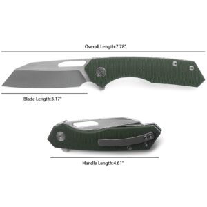 Miguron Knives M Keryx Flipper Folding Knife 3.17" Satin 14C28N Blade Green Micarta Handle With Titanium Pocket Clip Camping Hiking Pocket Knife MGR-813MGN