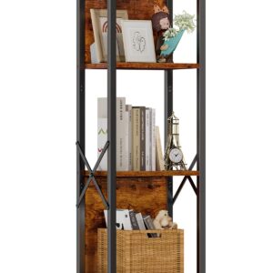 Furologee 4 Tier Small Bookshelf with Back, Short Narrow Bookcase with Shelves, Industrial Freestanding Shelf Units, Metal and Wooden Display Storage Rack for Bedroom, Living Room, Office, Entryway