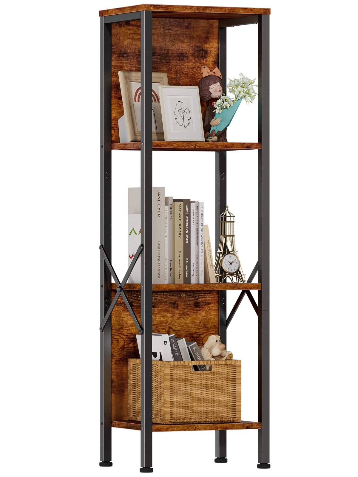 Furologee 4 Tier Small Bookshelf with Back, Short Narrow Bookcase with Shelves, Industrial Freestanding Shelf Units, Metal and Wooden Display Storage Rack for Bedroom, Living Room, Office, Entryway