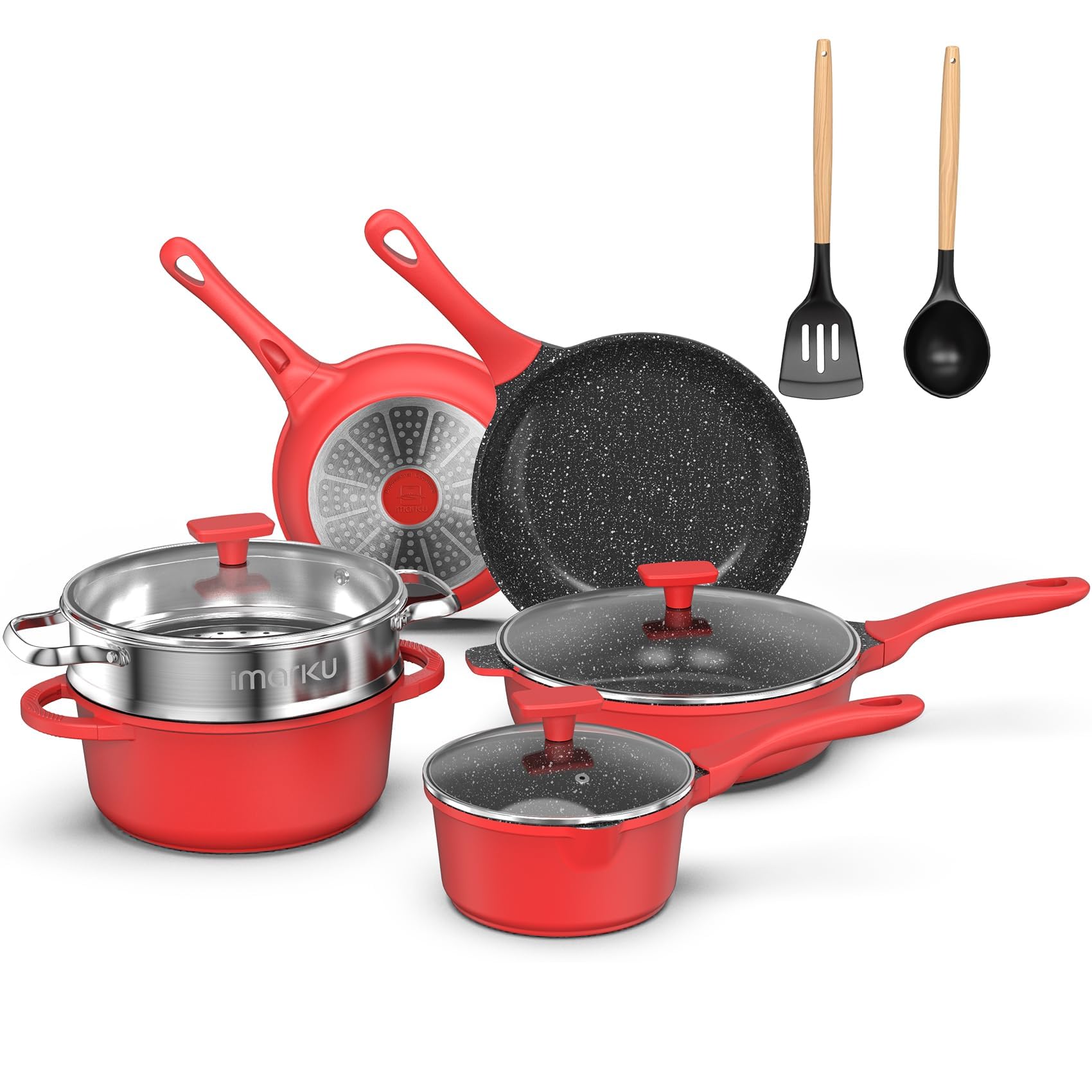 imarku Pots and Pans Set,11PC Kitchen Cookware Set Nonstick, Cooking Pot Pan Set with Stay-Cool Handle,PFOA Free Pans Set with Granite Coating,Red