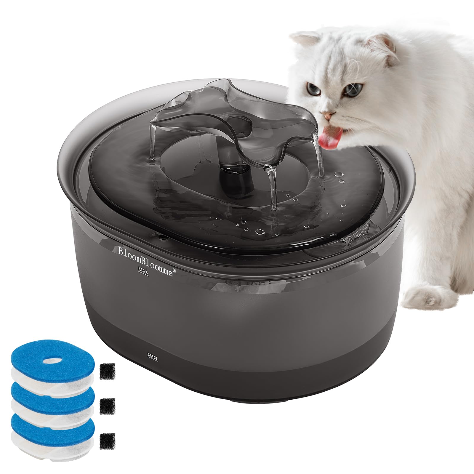 BloomBloomme 0.9gal/115oz/3.4L Cat Water Fountain Ultra Quiet Auto Water Dispenser for Cats Running Waterer Bowl Pet Water Fountain for Dogs Inside Cat Drinking Fountain Waterfall with 3Filters(Black)