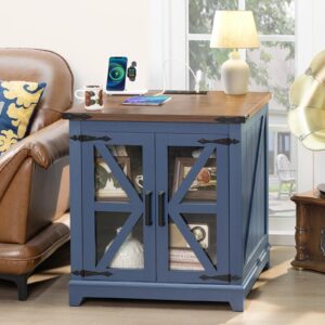 Joaxswe Farmhouse End Table with Charging Station, 24" Large Sofa Side Table with Glass Barn Door, Blue Nightstand with Adjustable Storage Shelf,Wood Square Bedside Table for Living Room,Bedroom