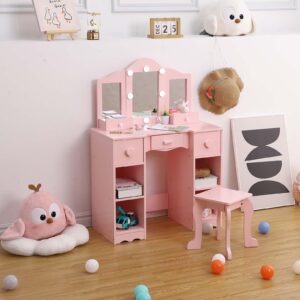 GAOMON Kids Vanity, Girls Vanity Table with Mirror, Light,Stool & Drawer, 2 in 1 Wooden Princess Makeup Desk Dressing Table, Toddler Vanity,Pretend Play Vanity Set for Kids