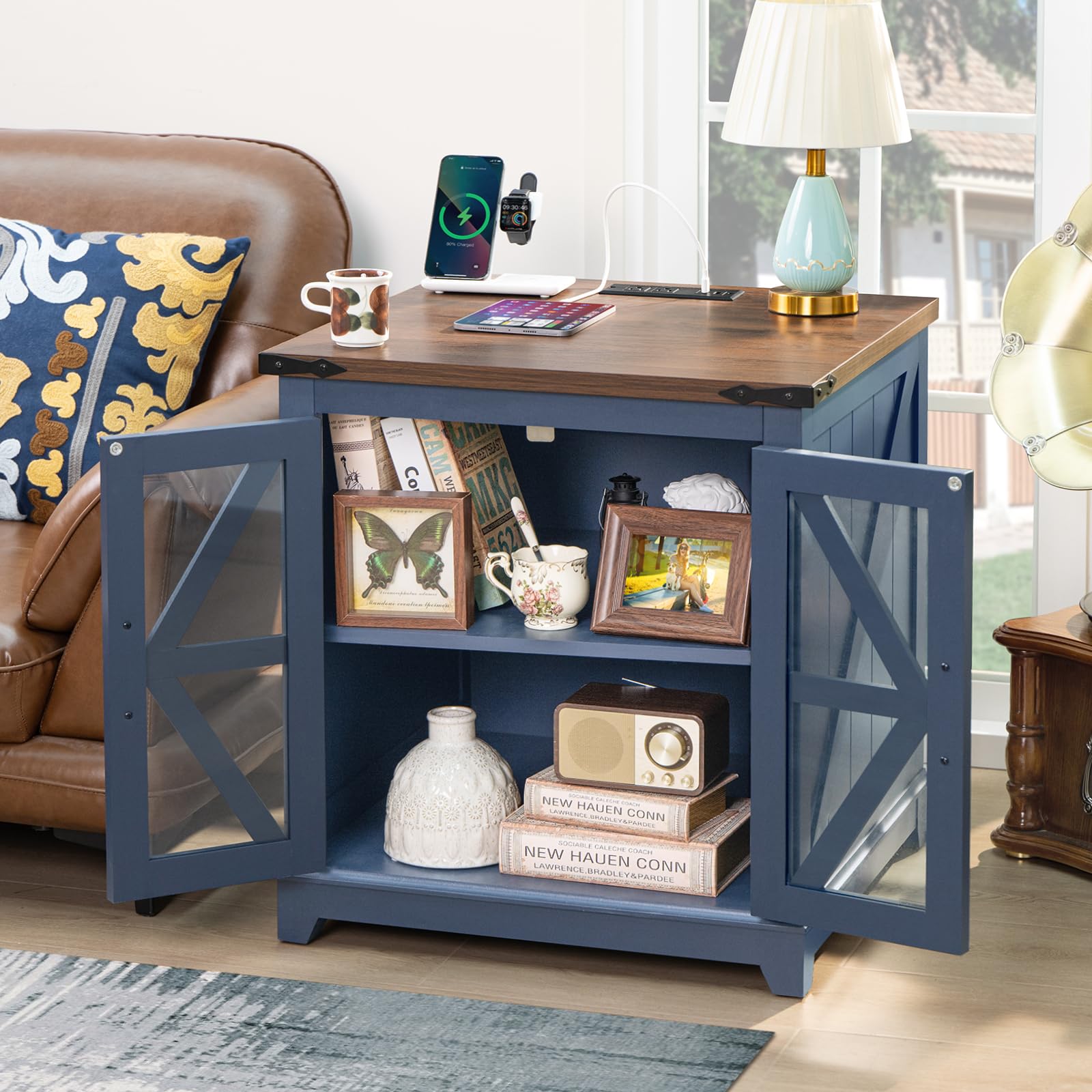 Joaxswe Farmhouse End Table with Charging Station, 24" Large Sofa Side Table with Glass Barn Door, Blue Nightstand with Adjustable Storage Shelf,Wood Square Bedside Table for Living Room,Bedroom