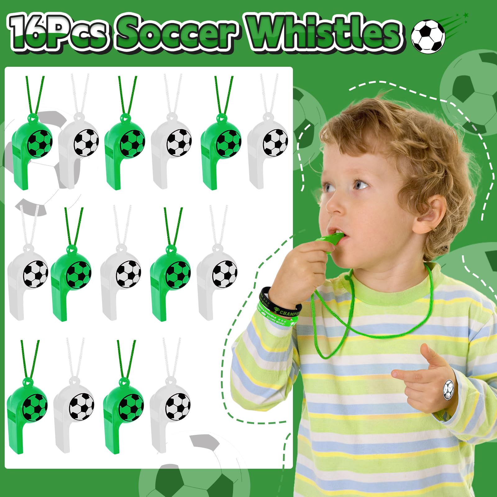 Miucat 98Pcs Soccer Party Favors, Soccer Drawstring Bags with Silicone Bracelet Soccer Whistles Stickers Soccer Goodie Bags for Soccer Party Decorations Supplies