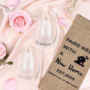 Futtumy House Warming Gifts New Home, Stemless Wine Glass & Wine Bag Gifts, Housewarming Gift for Couples Newlyweds Men Women Friends, New Home Gifts Ideas, New Apartment Gifts (2 Glasses, 1 Bag)