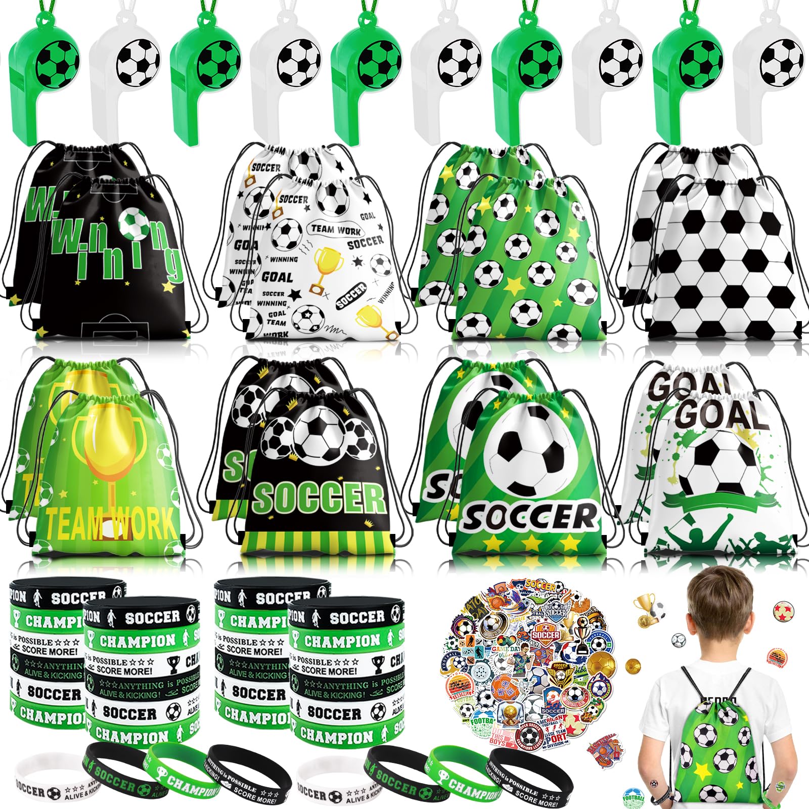 Miucat 98Pcs Soccer Party Favors, Soccer Drawstring Bags with Silicone Bracelet Soccer Whistles Stickers Soccer Goodie Bags for Soccer Party Decorations Supplies