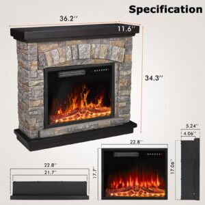 PUKAMI Electric Fireplace with Mantel,Freestanding Stone Fireplace Heater TV Stand with Remote Control, Realistic Flame Effect and 3D Log, 750W/1500W (36 inch)