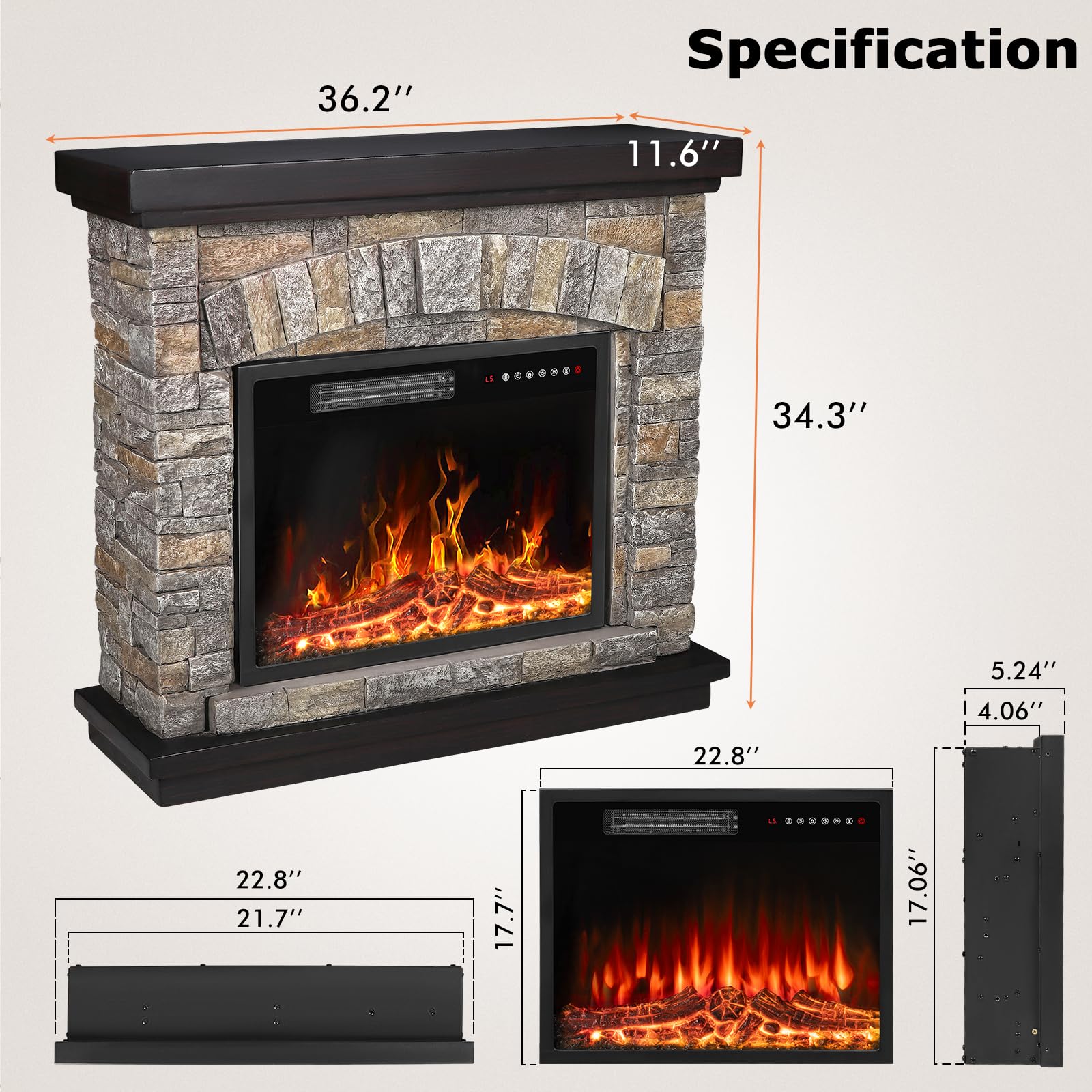 PUKAMI Electric Fireplace with Mantel,Freestanding Stone Fireplace Heater TV Stand with Remote Control, Realistic Flame Effect and 3D Log, 750W/1500W (36 inch)