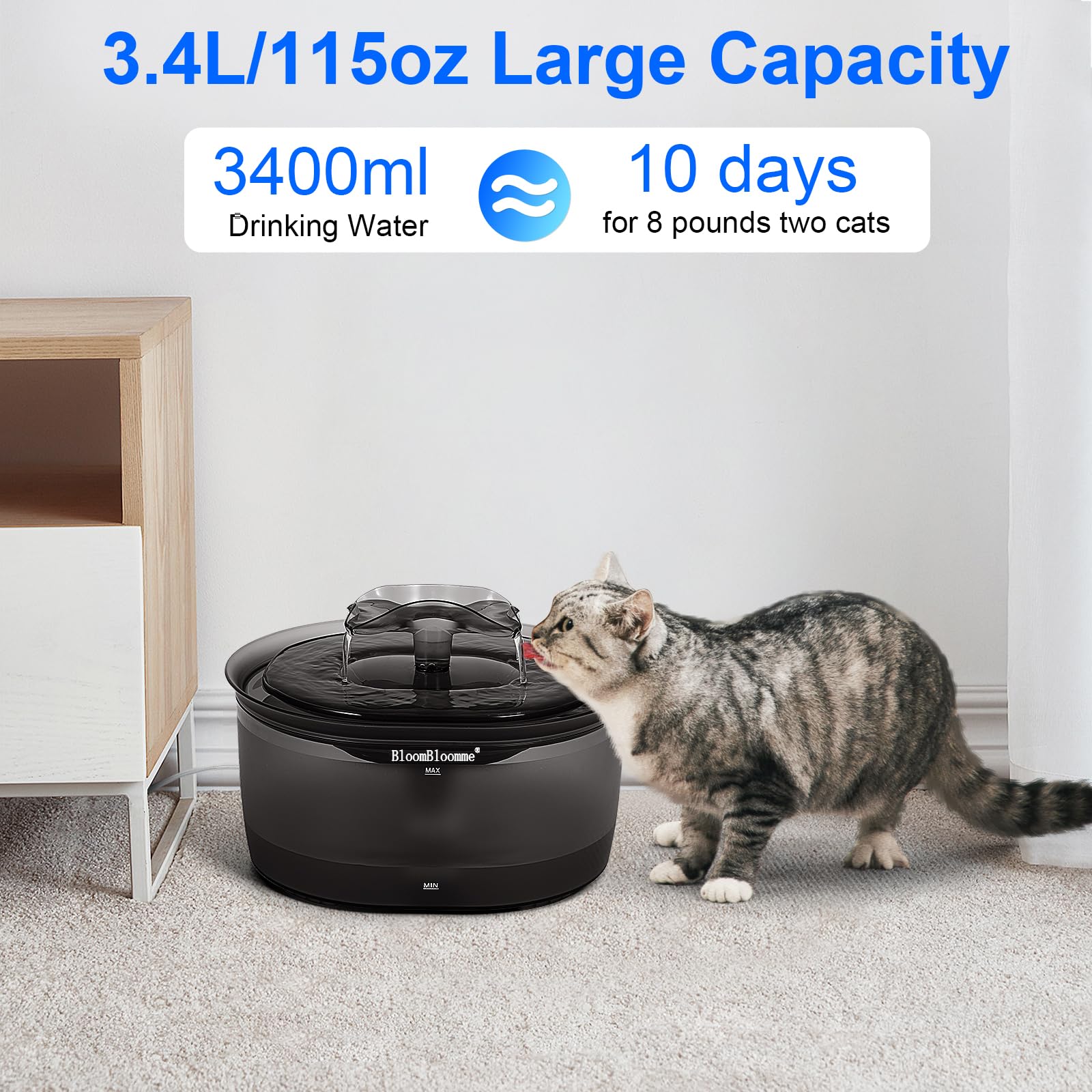 BloomBloomme 0.9gal/115oz/3.4L Cat Water Fountain Ultra Quiet Auto Water Dispenser for Cats Running Waterer Bowl Pet Water Fountain for Dogs Inside Cat Drinking Fountain Waterfall with 3Filters(Black)