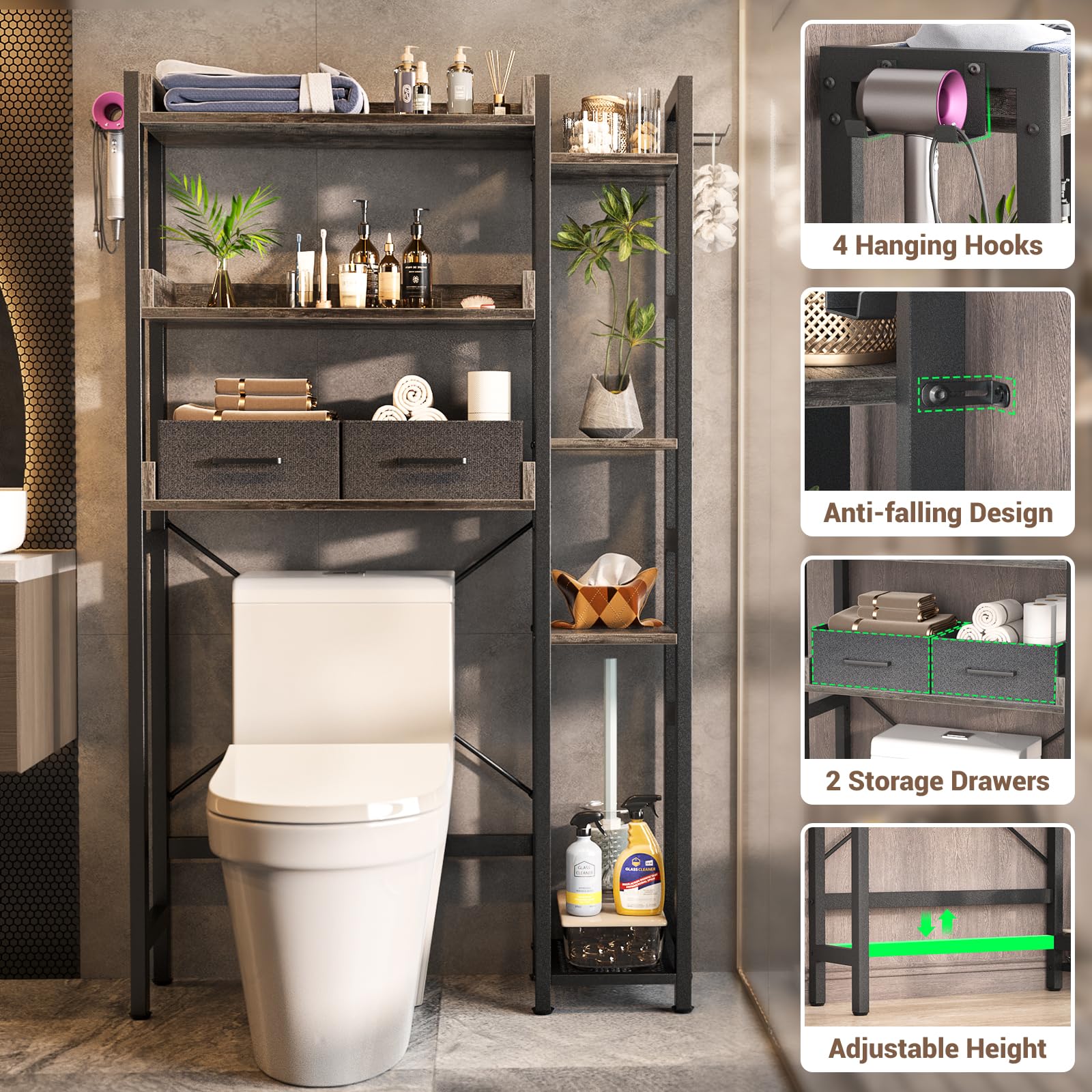 Over The Toilet Storage with 2 Drawers - 7 Tier Bathroom Organizer with Adjustable Shelf, Freestanding Space Saver Storage Rack Above Toilet Stand with 4 Hooks for, Restroom, Laundry, Grey Oak