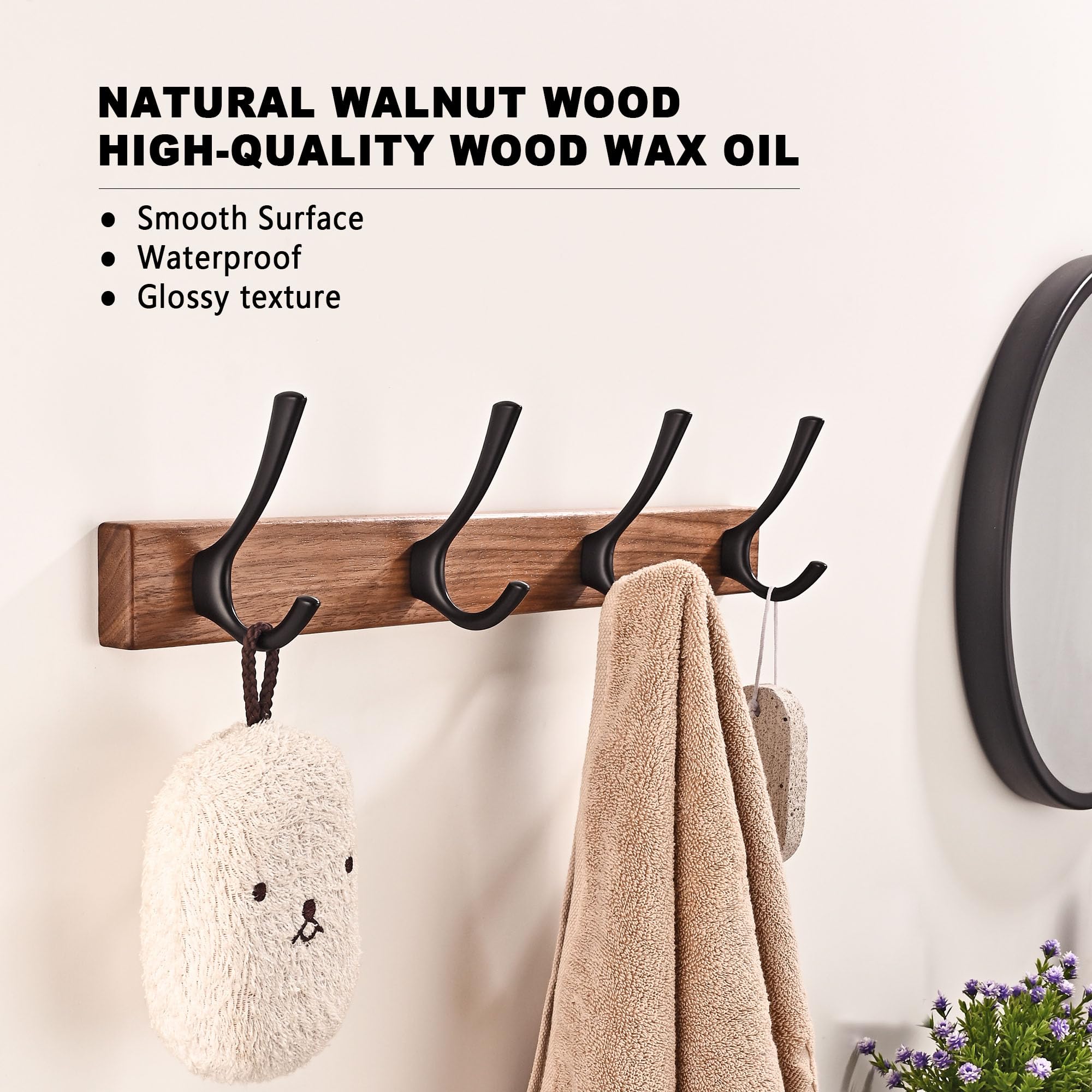 LECHYN 17.3" Small Walnut Wood Coat Rack Wall Mount with 4 Hooks, Heavy Duty Wooden Jacket Hanger Door Mounted for Decorative Entryway and Bathroom Hanging Towel Backpack Purse Clothes Hat Key Black