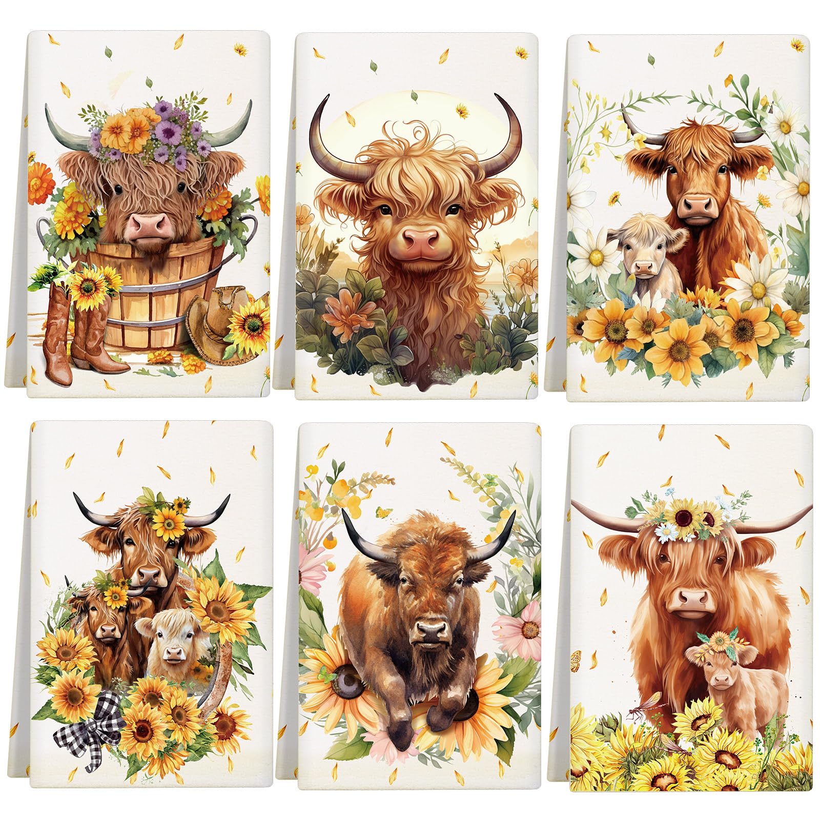 Redbaker Set of 6 Highland Cattle Kitchen Towels Highland Cow Themed Dish Towels Absorbent Farm Cattle Watercolor Floral Tea Towel Sunflower Hand Towels Housewarming Gift for Farmhouse Kitchen