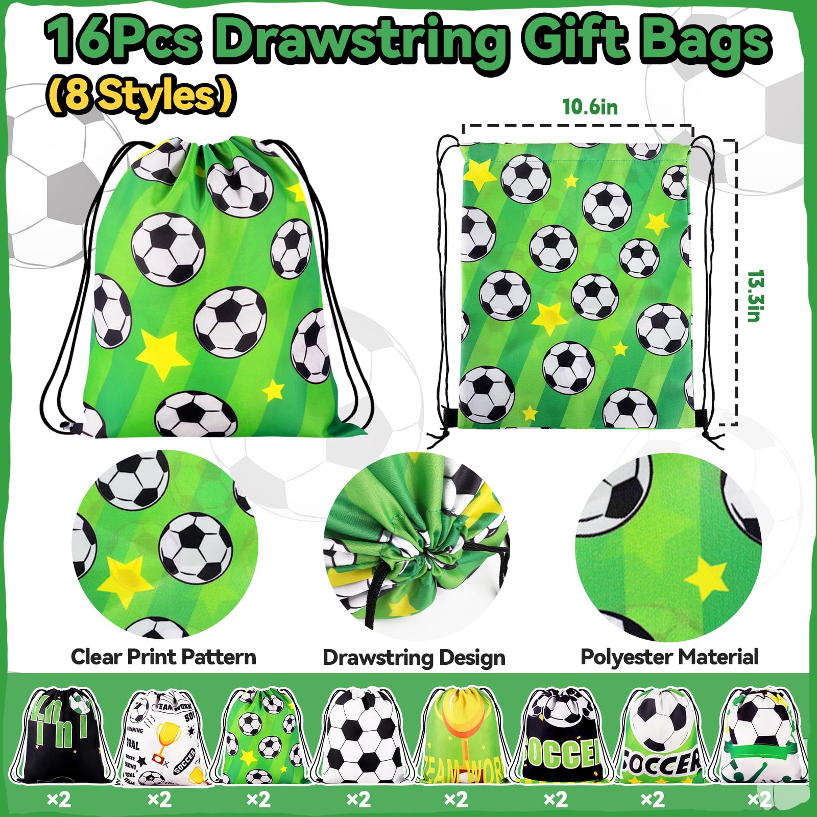 Miucat 98Pcs Soccer Party Favors, Soccer Drawstring Bags with Silicone Bracelet Soccer Whistles Stickers Soccer Goodie Bags for Soccer Party Decorations Supplies