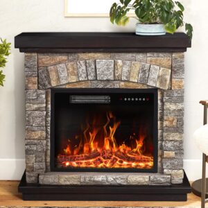 pukami electric fireplace with mantel,freestanding stone fireplace heater tv stand with remote control, realistic flame effect and 3d log, 750w/1500w (36 inch)