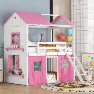 harper & bright designs house twin loft bunk bed with tent, kids loft bed with ladders,guardrail, windows and roof, wood twin over twin playhouse bunk bed for kids teens boys & girls (pink & white)