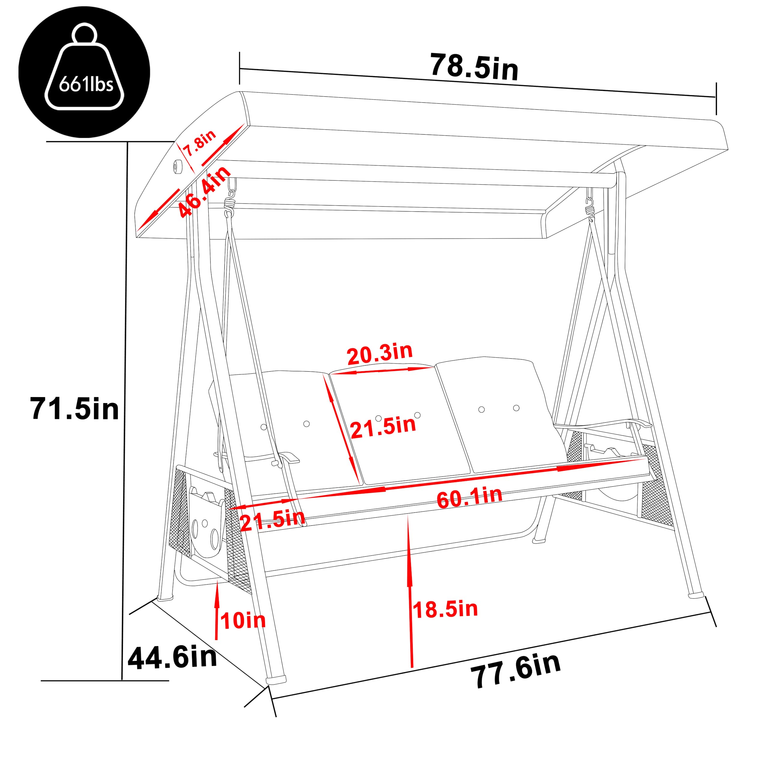 MUPATER Patio Porch Swing Chair, 3-Seat Outdoor Canopy Swing Glider with Stand and Cushion for Outside, Backyard and Deck, Grey