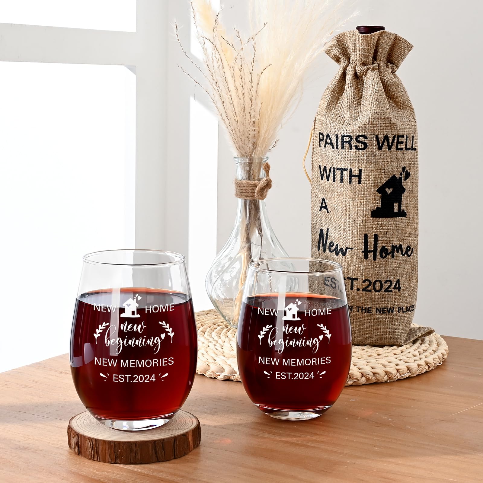 Futtumy House Warming Gifts New Home, Stemless Wine Glass & Wine Bag Gifts, Housewarming Gift for Couples Newlyweds Men Women Friends, New Home Gifts Ideas, New Apartment Gifts (2 Glasses, 1 Bag)