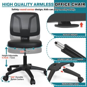 iCoudy Armless Office Chair Ergonomic Swivel Small Computer Desk Chairs No Armrests with Wheels Adjustable Height Black Task Chairs Without Arms for Small Spaces