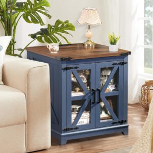 Joaxswe Farmhouse End Table with Charging Station, 24" Large Sofa Side Table with Glass Barn Door, Blue Nightstand with Adjustable Storage Shelf,Wood Square Bedside Table for Living Room,Bedroom