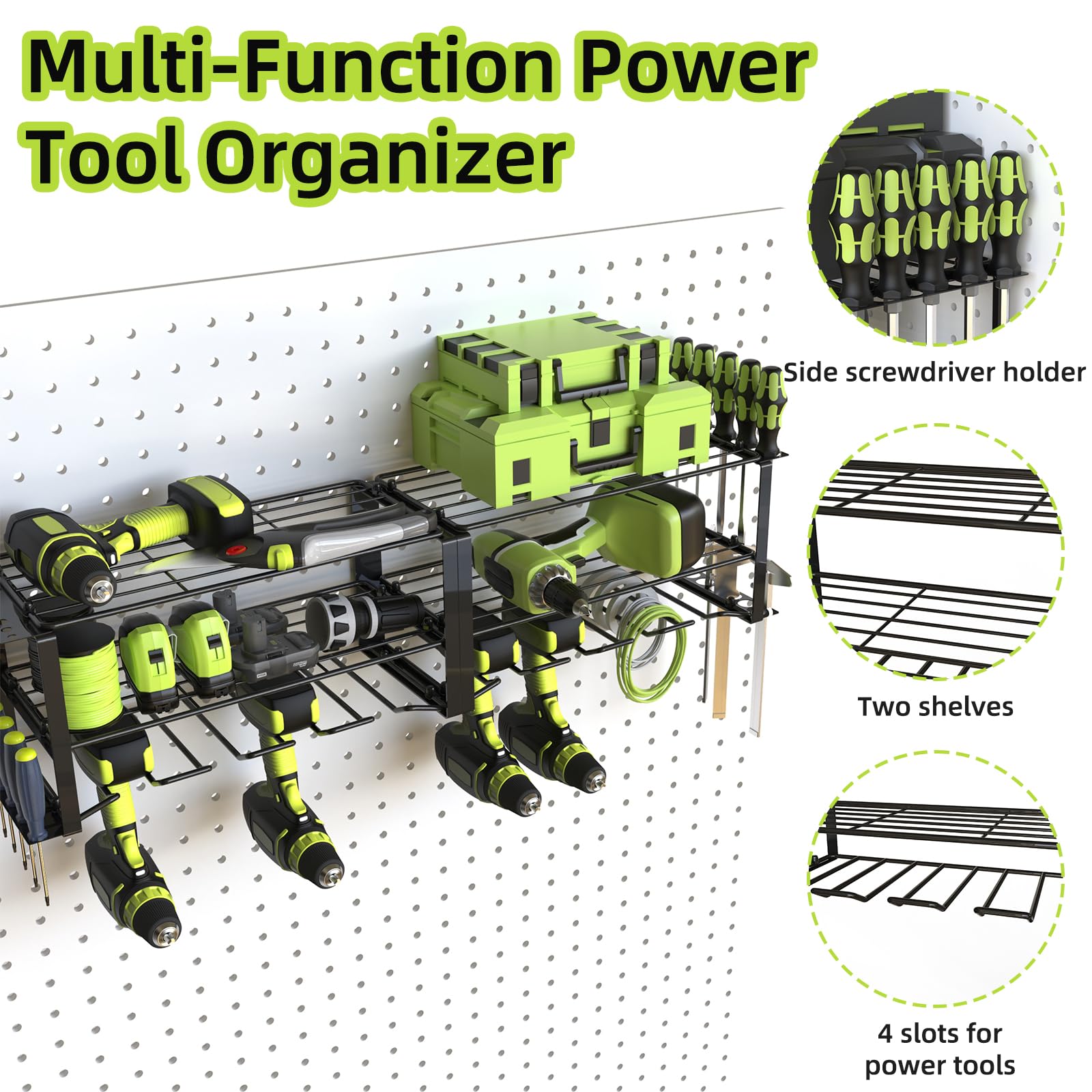 POSHGRAND Power Tool Organizer, 8 Drill Holder Wall Mount, 3 Layers Garage Tool Organizers and Tool Storage Rack, Heavy Duty Metal Tool Shelf for Screwdriver Plier Hammer Holder 17.15" 2 sets