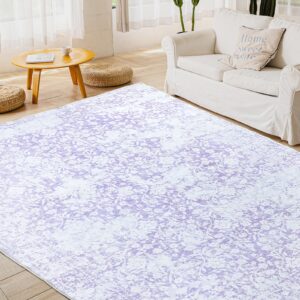 dukino washable area rug 5x7, boho low-pile rugs for living room, non slip rubber backing carpet, soft vintage nursery rug for living room, bedroom, dining room, and office - purple