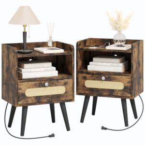 agdull diamond handle nightstands set of 2 with charging station, bedside table with solid wood legs, end table with rattan drawer, rustic brown