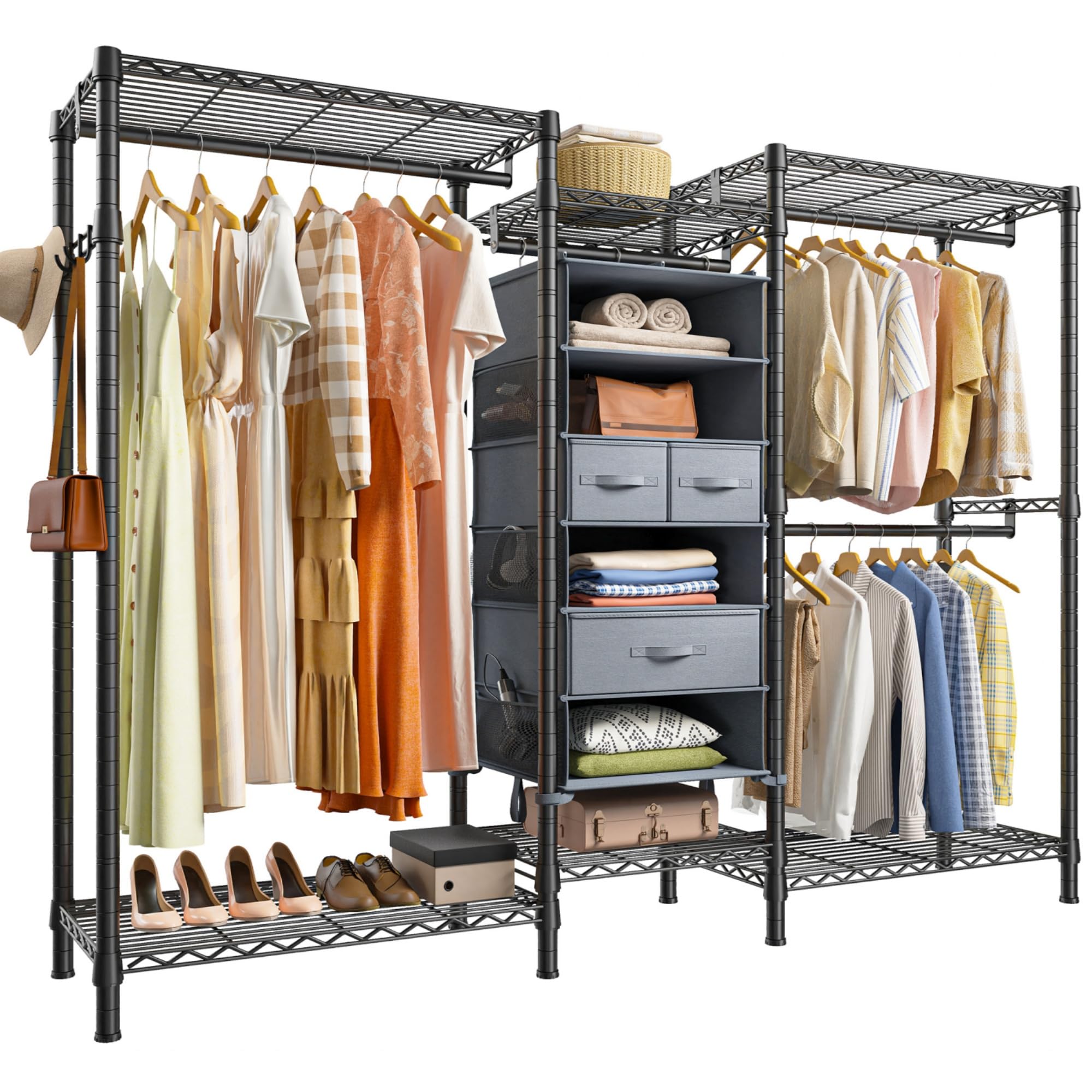 Raybee Clothes Rack, Clothing Racks for Hanging Clothes Heavy Duty Clothing Rack 800LBS Adjustable Clothes Racks for Hanging Clothes Metal Wire Garment Rack with 7 Drawers, Portable Closet Rack, Black